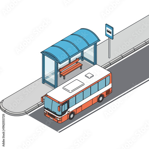 Isometric view of a bus at a bus stop.