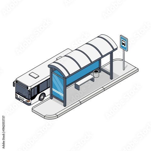 Isometric Bus Stop with Bus and Sign Illustration.