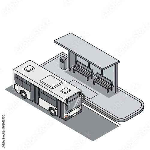Isometric Illustration of a Bus at a Bus Stop.