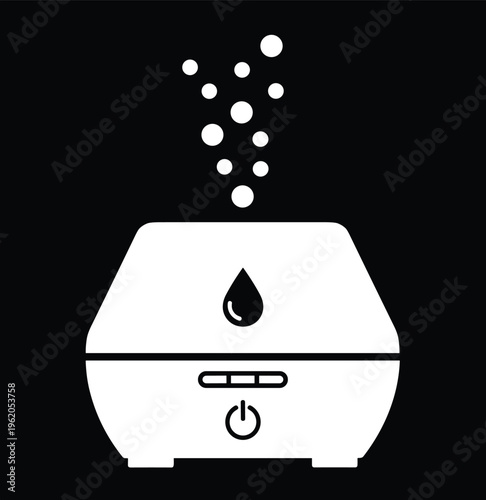 White silhouette of a modern electronic humidifier with water drop symbol emitting vapor bubbles isolated on a solid black background