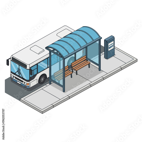 Isometric Bus Stop Scene with Bus and Shelter.