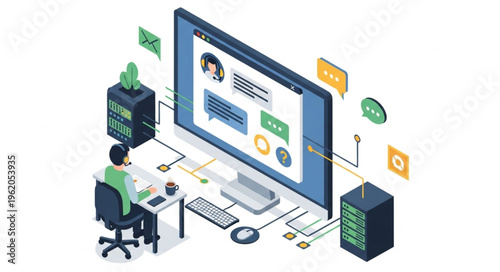 Isometric Illustration of a Person Working on a Large Computer Screen.