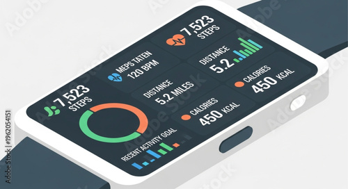 Smartwatch Displaying Fitness Data - Steps, Heart Rate, Distance, and Calories Burned.
