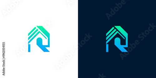 Abstract house logo with a modern, geometric design featuring a gradient from blue to green, symbolizing growth and innovation in real estate or home services