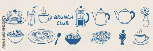Morning breakfast buffet, hand drawn pastry and eggs icons, cafe brunch menu sketches, continental breakfast doodles, coffee and juice line art, hotel catering elements, morning meal clipart**
