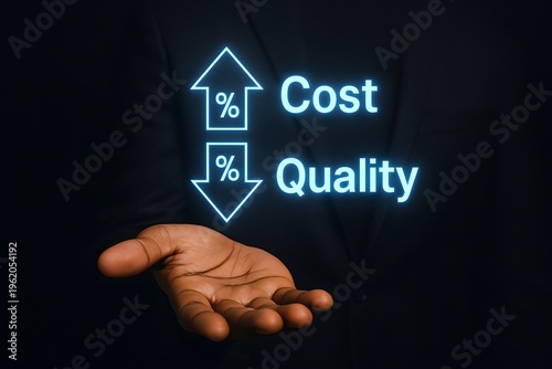 An open hand presenting glowing digital icons indicating increased cost and simultaneously decreased quality, representing a significant business challenge.