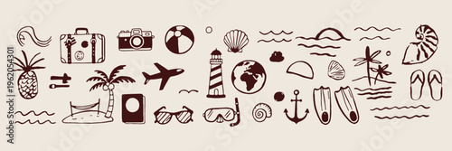Coastal and ocean life icons, beach vacation doodles, marine nature illustrations, seashell graphics, nautical travel symbols, summer holiday sketches, seaside resort elements
Tags: coastal, ocean, be