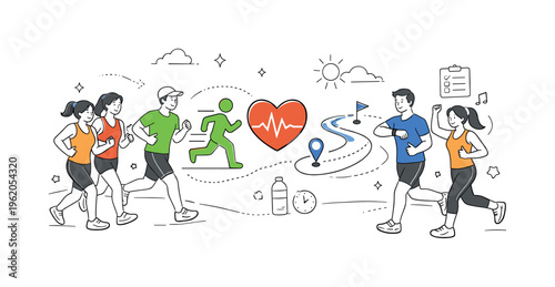 A wellness and outdoor activity concept illustrating jogging as part of a balanced routine, showing individuals motivating each other and tracking progress around three key objects