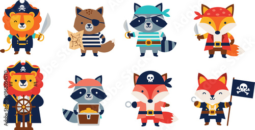 Cute pirate animal characters collection with lion raccoon fox and cat dressed as sailors in flat cartoon vector illustration set
