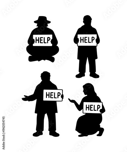 Silhouettes of people holding help signs