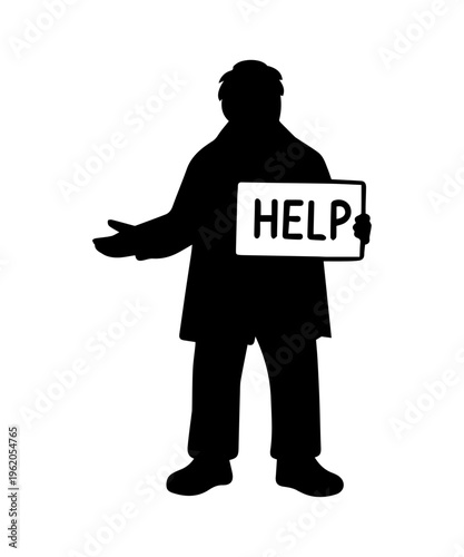 Silhouette of homeless man holding help sign