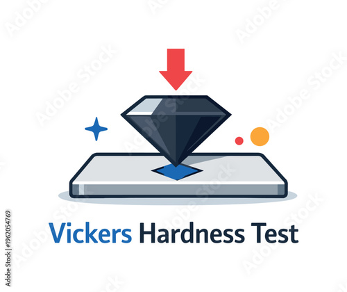 Vickers hardness testing for measuring material resistance to deformation in metallurgical analysis, a sharp diamond indenter pressing into a flat surface leaving a small geometric