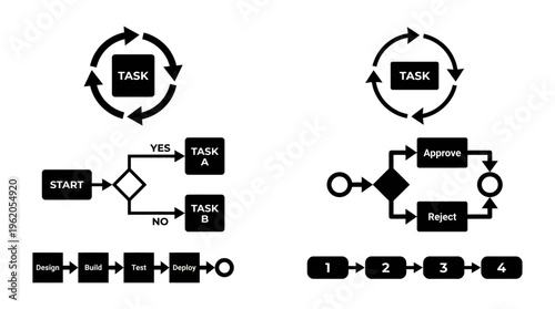 Workflow management diagrams with task cycles | approval process flowcharts and software development lifecycle steps | black vector icons