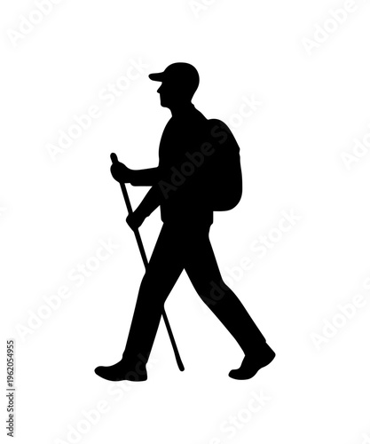 Hiker silhouette walking with trekking pole and backpack
