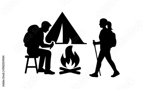 Hikers silhouette with trekking pole, backpack and tent
