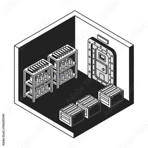 Isometric View of a Storage Room with Shelves and Crates.