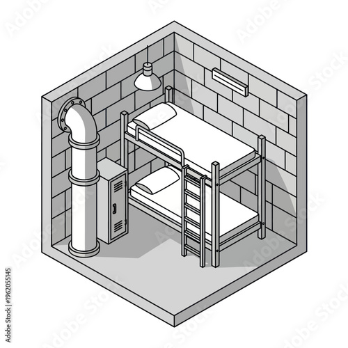 Isometric Prison Cell Illustration with Bunk Bed and Pipe.