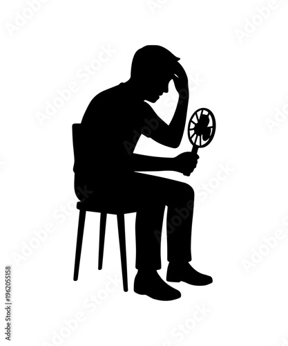 Man suffering from heat using handheld fan