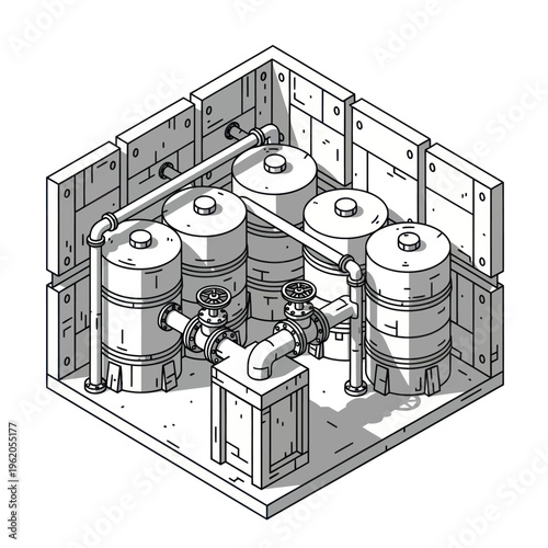 Isometric View of Industrial Tanks and Piping System.