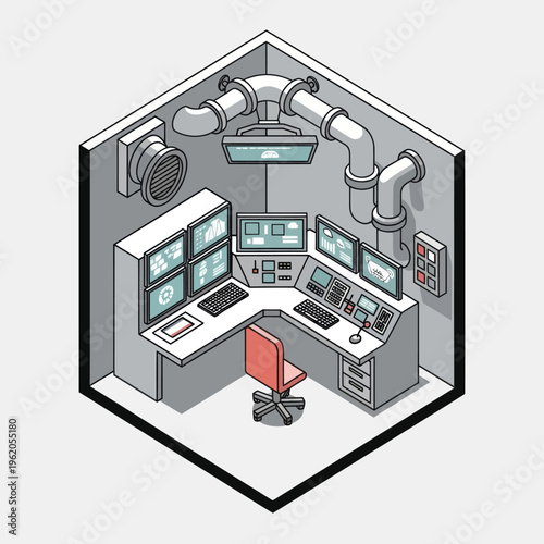 Isometric Control Room Illustration with Multiple Screens and Ventilation.