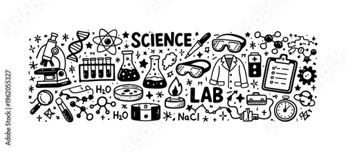 Science Lab theme  a dense horizontal doodle collage of  hand-drawn scientific and laboratory objects tightly packed on a white background like a flowing