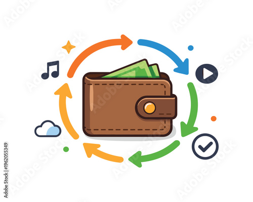 Subscription fatigue and managing multiple recurring digital services in everyday life, a simple wallet icon with several small looping arrows around it representing repeated