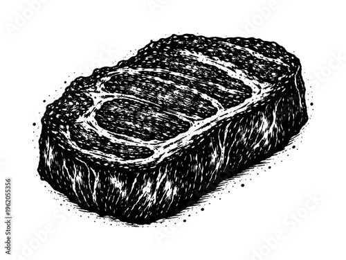 A realistic slice of grilled steak with rich marbling shown in three-quarter perspective, enlarged to fill most of the frame and isolated on a perfectly clean