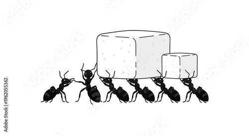 Teamwork Concept with Group of Ants Lifting Large Sugar Cubes Together