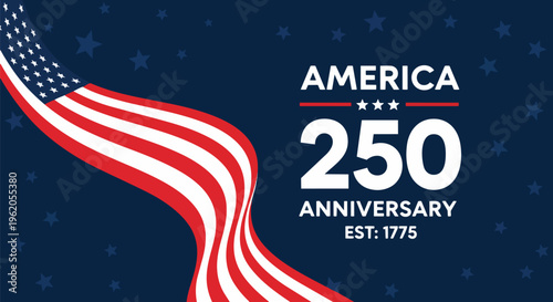 American flag waving with patriotic stars on a dark blue background, celebrating 250 years, ideal for national holiday promotions, historical events, and commemorative marketing campaigns.