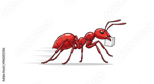 Hardworking Red Ant Carrying White Sugar Cube Illustration