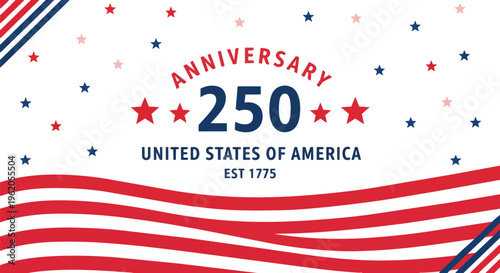 Anniversary 250th US flag design with stars and stripes, patriotic theme, concept for national holiday promotions, historical events, and commemorative marketing.