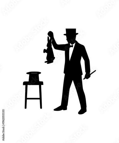 Magician pulling rabbit from top hat silhouette performing illusion