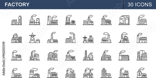 Factory industrial building and manufacturing plant icon set with production facilities warehouses chimneys power industry infrastructure symbols collection