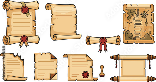 Old parchment scrolls and vintage paper collection with ancient documents seals and treasure map in flat cartoon vector illustration set