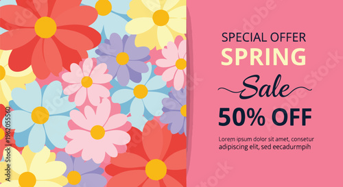 Colorful cartoon flowers with a pink Sale banner in a vibrant composition, suitable for spring promotions, seasonal marketing, and event announcements.