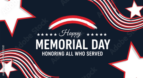 Dramatic patriotic graphic with stars, red and white streamers against a navy blue backdrop, perfect for memorial day events, veteran tributes, and patriotic promotions.