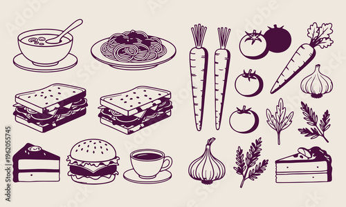 Italian dinner sketch, pasta spaghetti bowl, burger and sandwich, tomato garlic ingredients, restaurant menu doodles, delicious meal elements, rustic food illustrations

