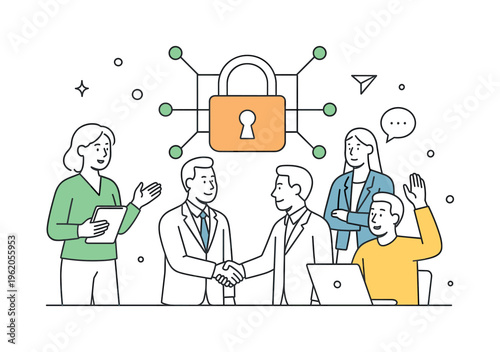 A business continuity context where organizations implement cybersecurity strategies to safeguard operations and maintain secure digital communication channels, illustrated by a
