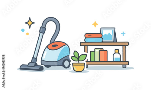 Cleaning and tidying up living space as part of daily home care routine focused on maintaining comfort and order, a vacuum cleaner paired with a small plant and a neat shelf
