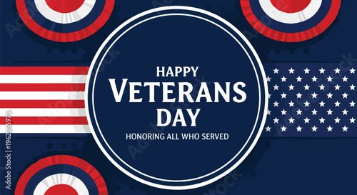 Patriotic design with US flag elements, decorative military bunting, and text "Happy Veterans Day", suitable for social media posts, commemorative events, and patriot day promotions.