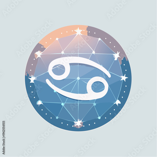 かに座のフラットな星座バッジベクターアイコン 柔らかく輝く星と円形フレーム
