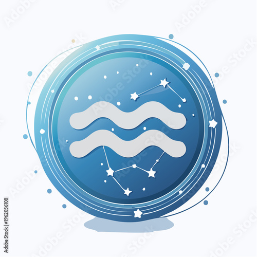水がめ座のフラットな星座バッジベクターアイコン 波のような星のつながりと円形フレーム