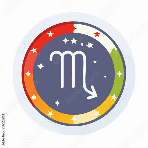 さそり座のフラットな星座バッジベクターアイコン 円形フレームと曲線的な尾の星のつながり