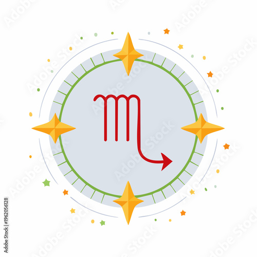 さそり座のフラットな星座バッジベクターアイコン 円形フレームと曲線的な尾の星のつながり