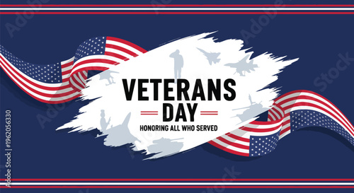 Patriotic design with waving American flags and silhouettes against a blue background, perfect for veterans day cards, patriotic posters, and memorial services.