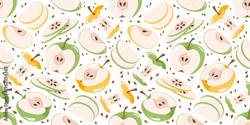 Seamless pattern with colorful sliced apples and seeds. Fruit vector illustration