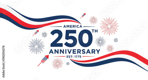 Patriotic design with waving flags, fireworks and "America 250th Anniversary" text, perfect for national holiday promotions, commemorative events, and patriot celebrations.