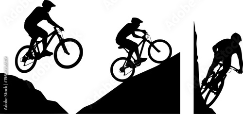 Collection of solid black mountain bike cyclist silhouettes, minimalist extreme sports and downhill biking vector illustrations isolated on white.