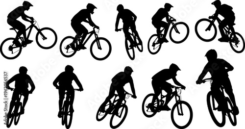 Collection of solid black mountain bike cyclist silhouettes, minimalist extreme sports and downhill biking vector illustrations isolated on white.