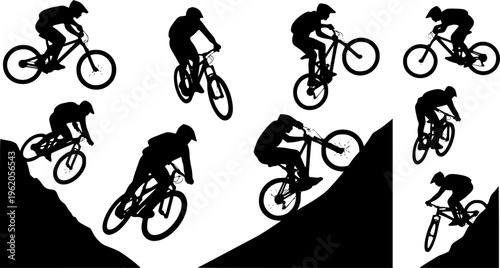 Collection of solid black mountain bike cyclist silhouettes, minimalist extreme sports and downhill biking vector illustrations isolated on white.